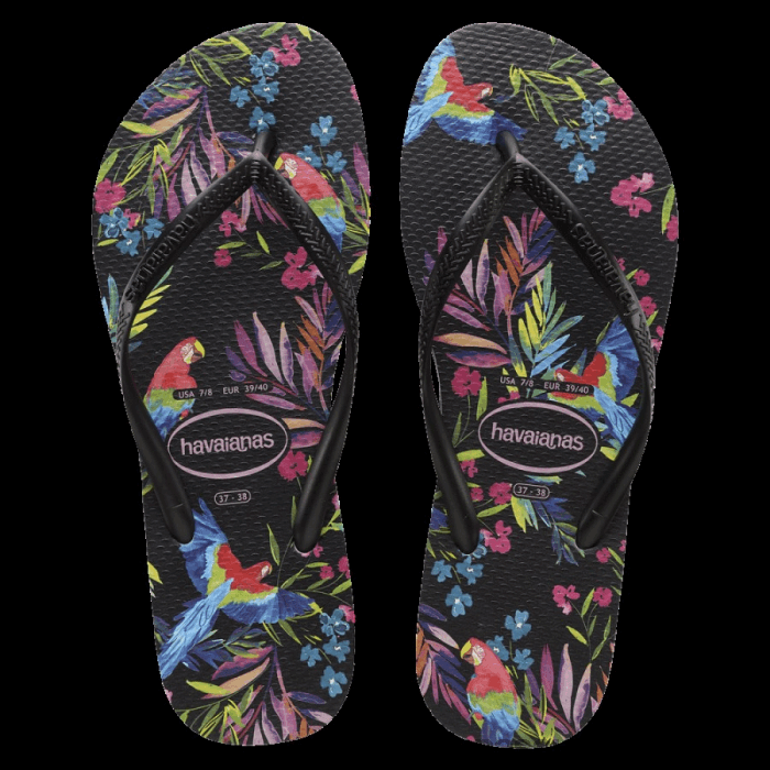 Slim Tropical Floral Flip Flops Black